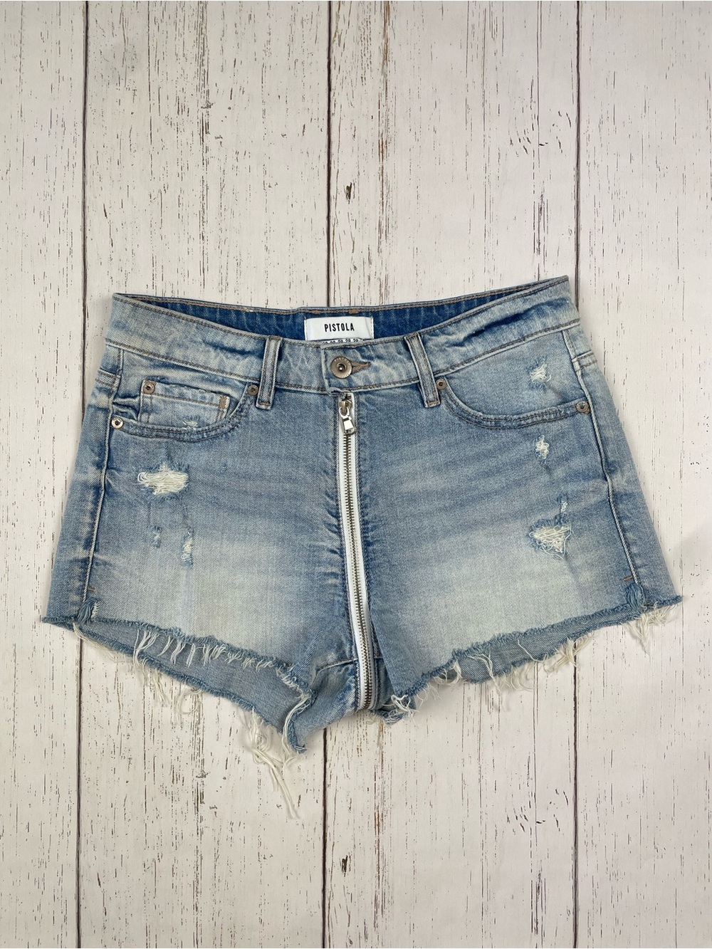 Pistola Denim Winston High Rise Distressed Full Zipper Denim Cut Off Shorts